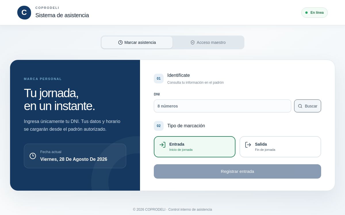 Vista del sistema de asistencia COPRODELI